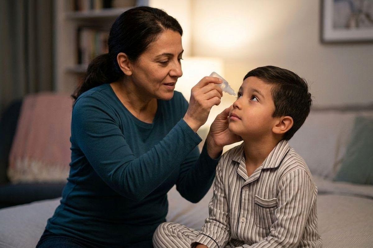 Adult applying eye drops to a child's eye at home in a dimly lit living room. The child looks up calmly.