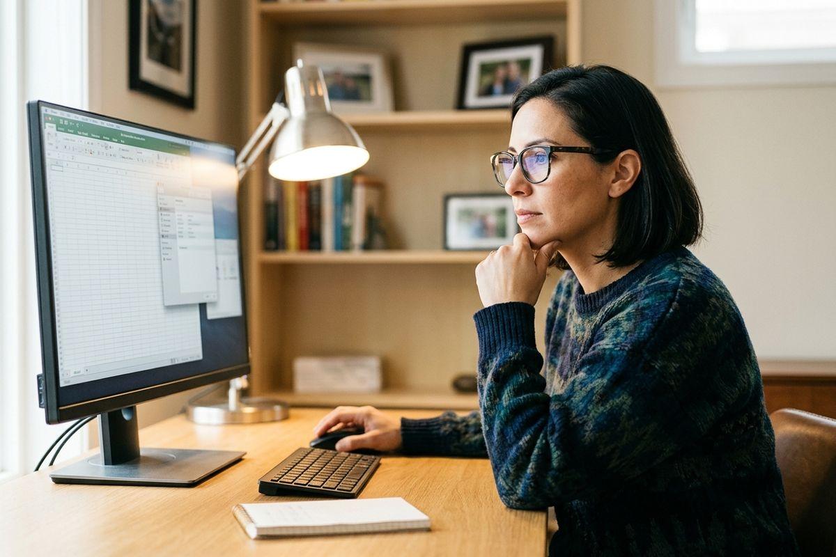 Adult with glasses sitting at a home desk, focused on a spreadsheet on a desktop monitor, chin resting on their hand.