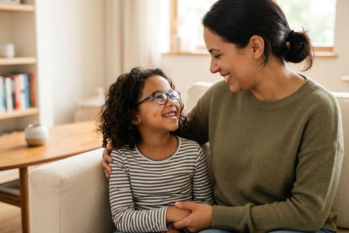 Child wearing glasses and adult sitting together on a sofa at home, smiling at each other. The adult's arm is around the child.