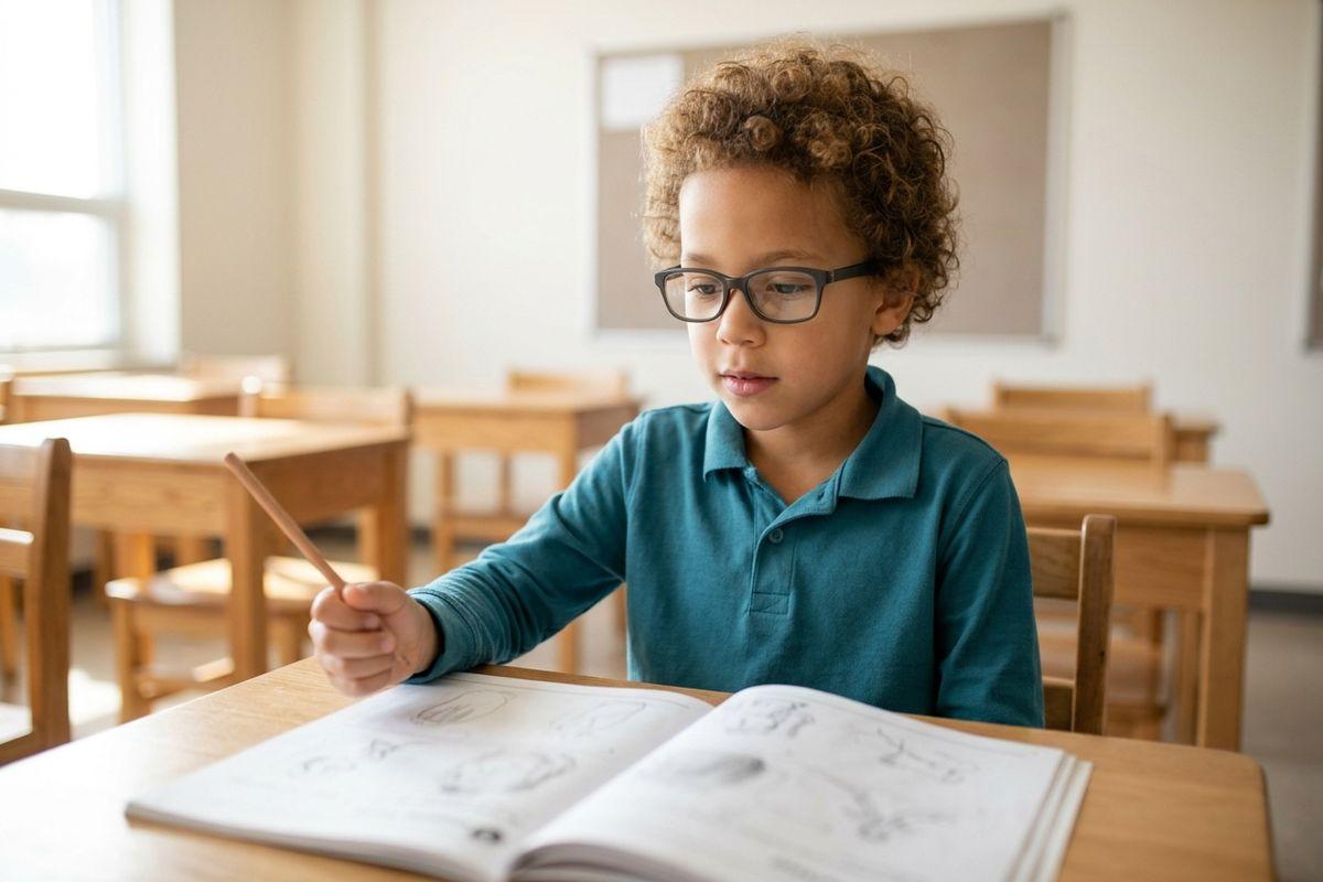 Child wearing glasses holding a pencil over an open workbook at a classroom desk, focused.