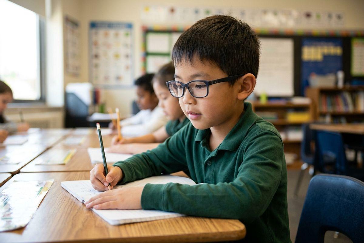 Child in glasses writing with a pencil in a notebook at a classroom desk, with other students in the background.