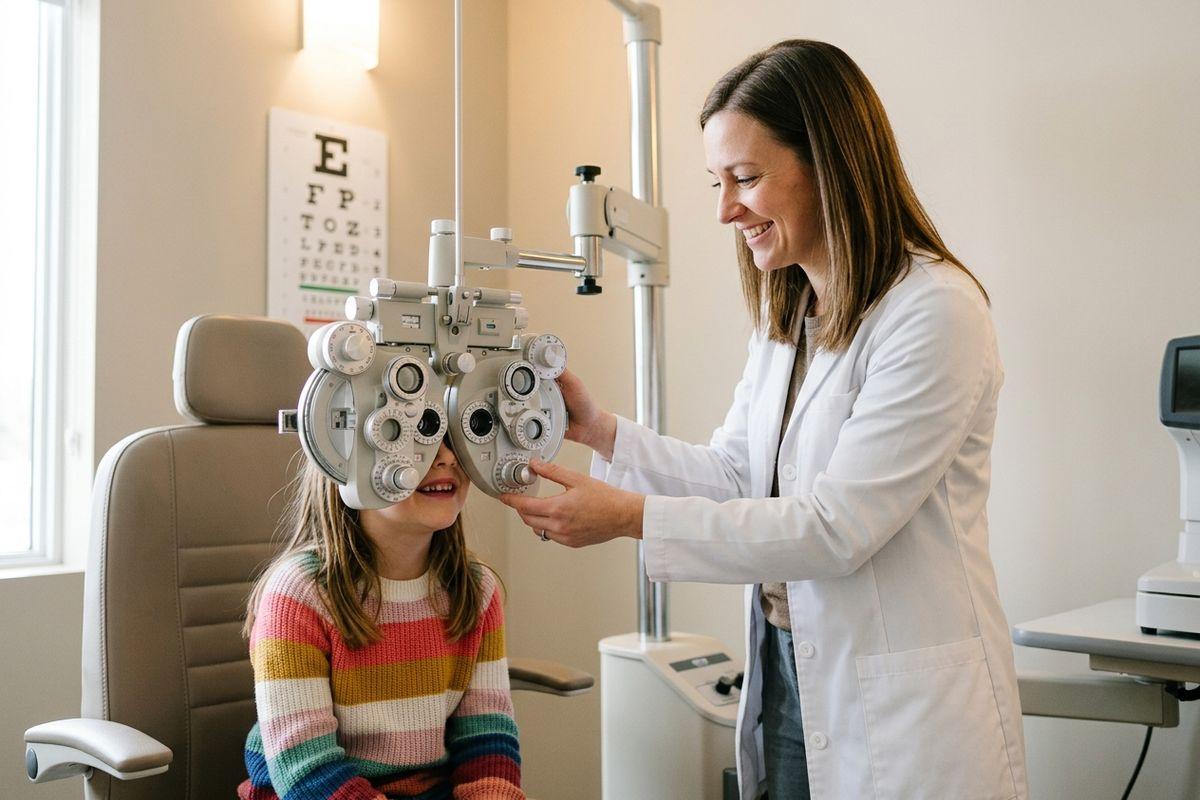 Optometrist adjusts a phoropter for a smiling child during an eye exam, with an eye chart on the wall.