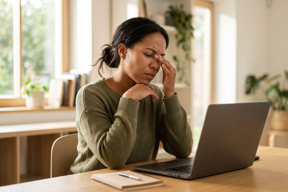 Person at a desk pinching the bridge of their nose with eyes closed, in front of a laptop and notepad.